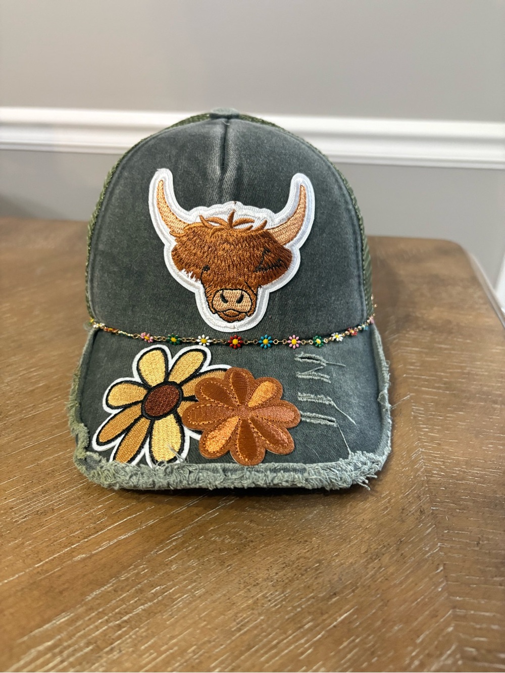Distressed Olive Green Patch Baseball Cap with Flower and Highland Cow